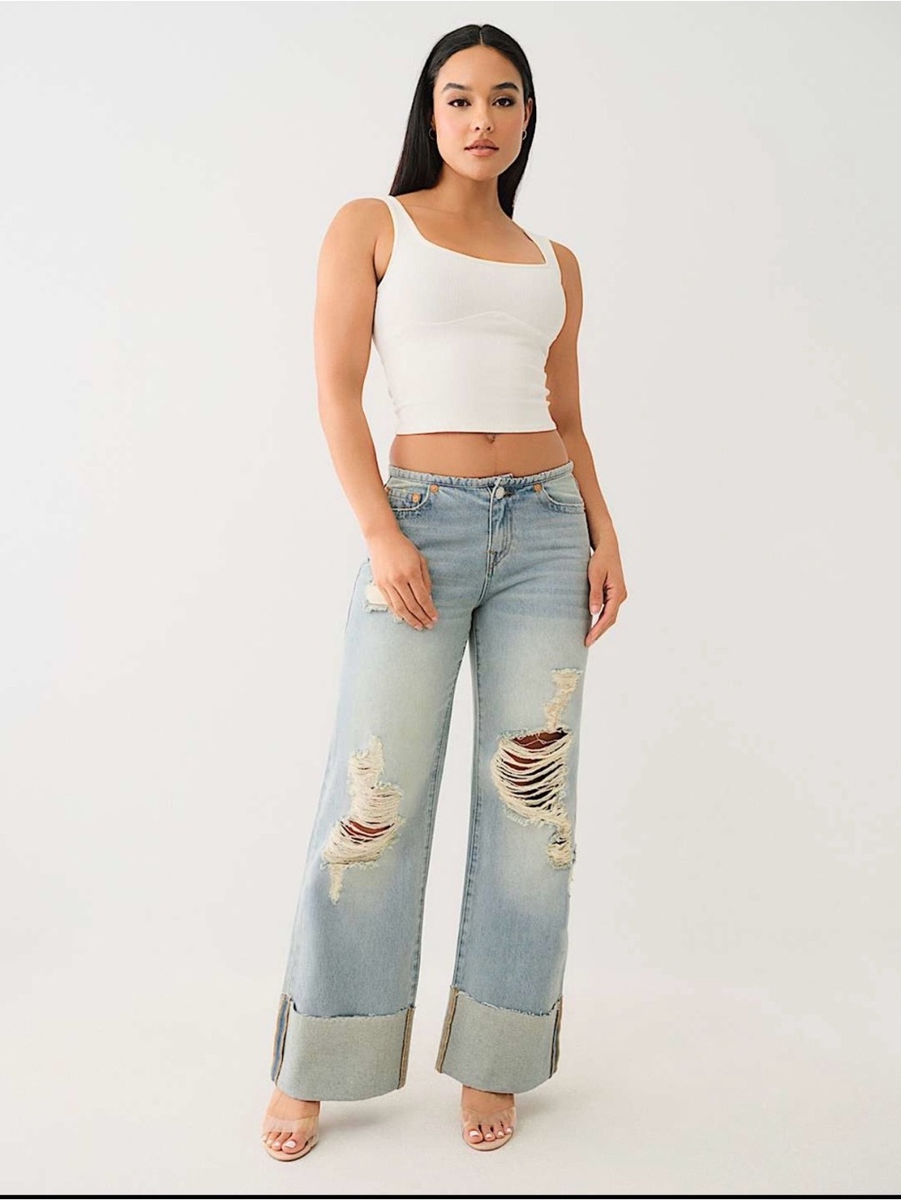 True Religion Light Wash Wide-Leg Distressed Jeans